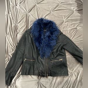 Fur collar faux leather moto jacket